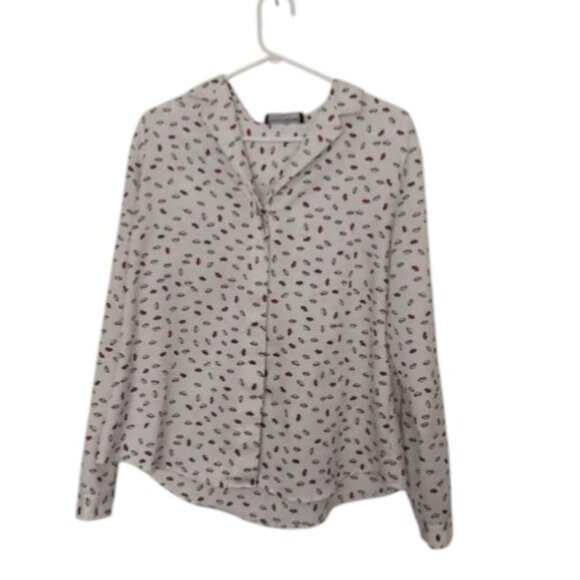 Jones New York White Lip Print Button Down Long Sleeve Blouse Women’s L - Picture 1 of 9